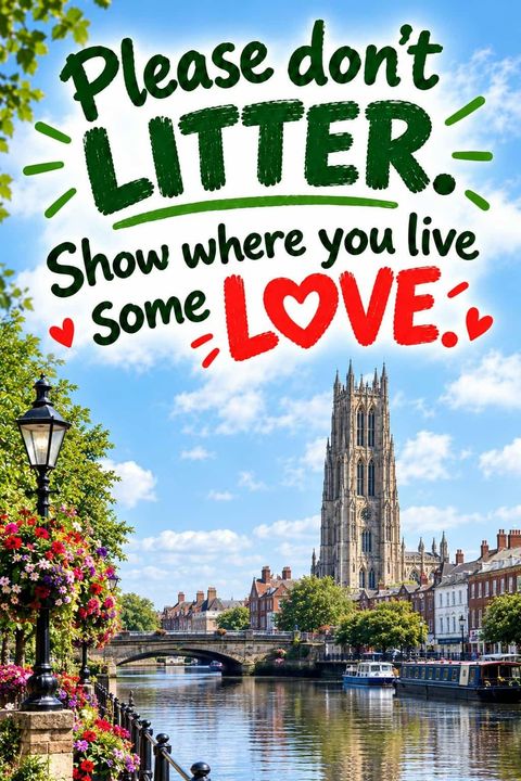 A colourful poster reading Please don’t litter. Show where you live some love, above a picture of the Boston Stump and the river lined with flower baskets