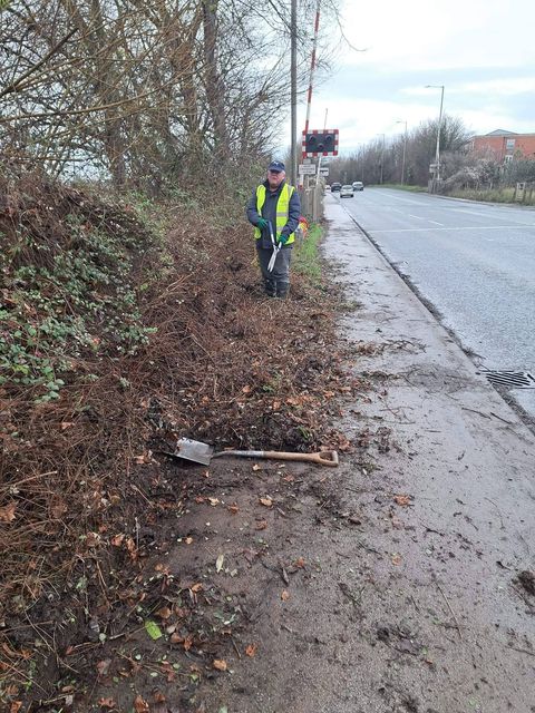 A volunteer in a hi-vis vest clearing a hedge-lined roadside verge, with a spade on the ground and the road stretching away behind